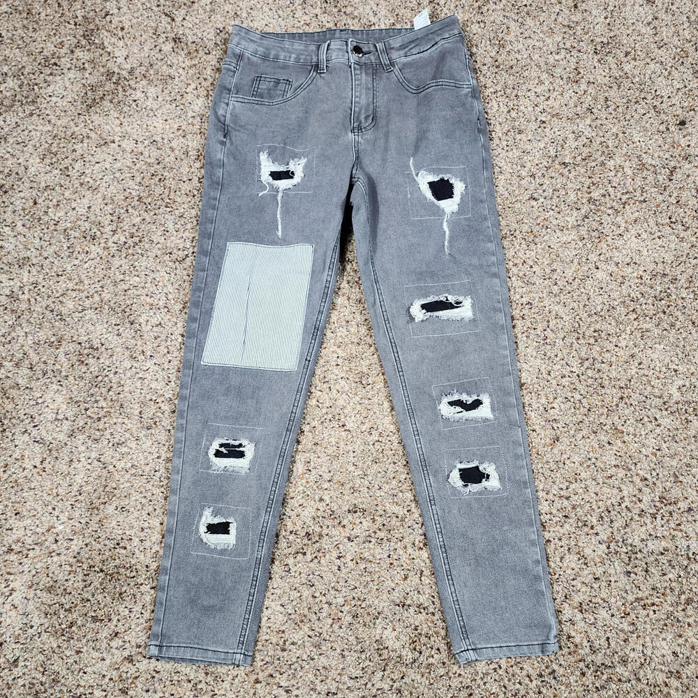 Unbranded Grey Distressed Patched Pants Jeans Skinny Mid Rise Pants Size 30